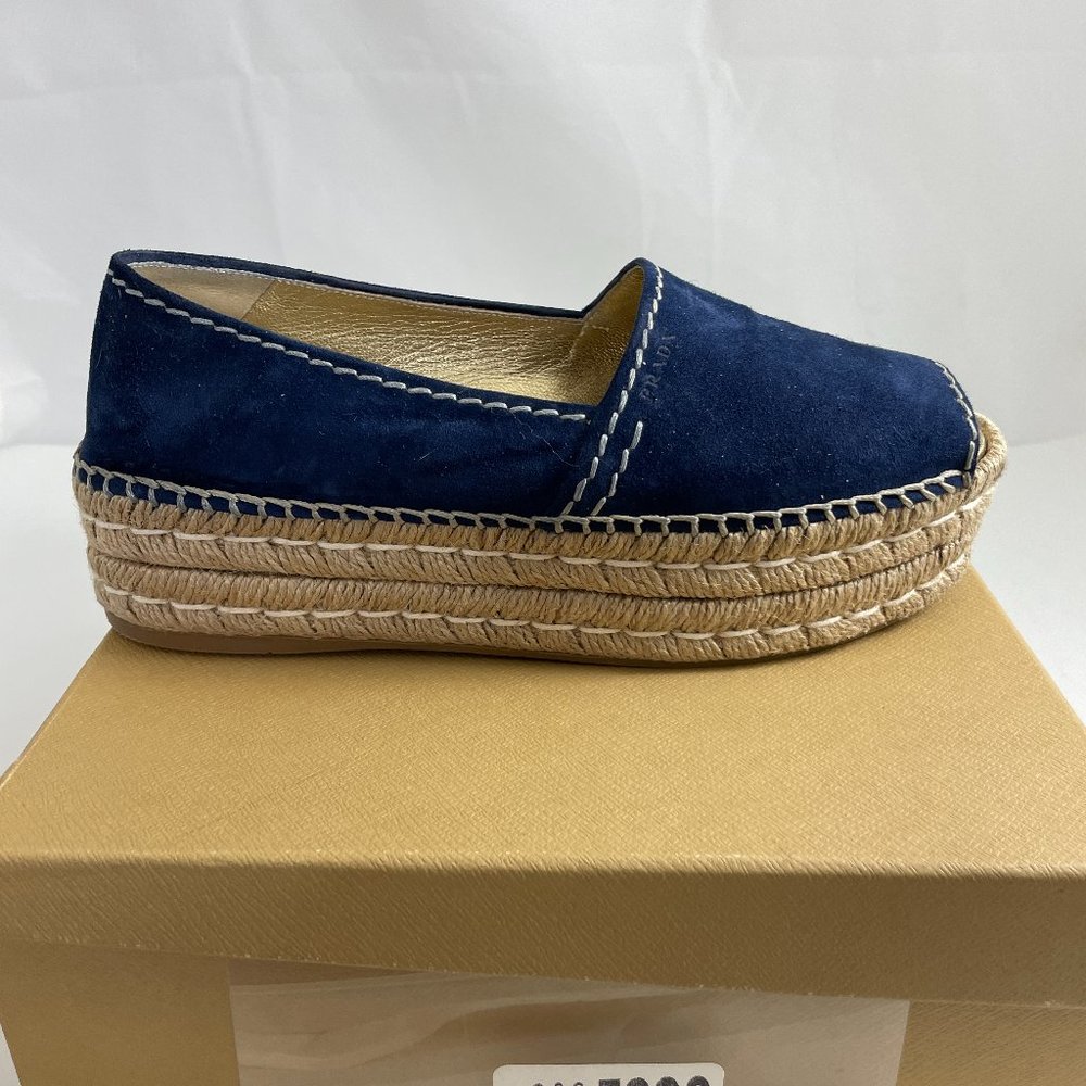 PRADA 31121 BLUE SUEDE PEEP TOE PLATFORM ESPADRILLE SZ 38
